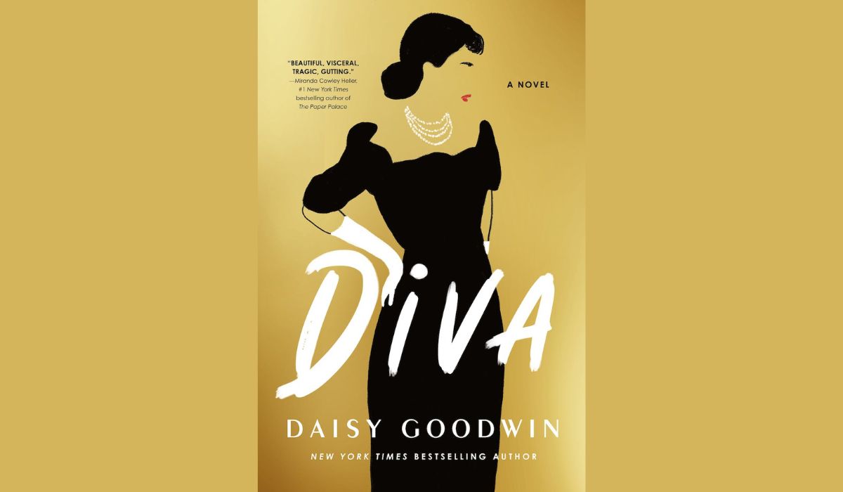 'Diva' cover: a drawing af a woman silhoutte wearing a black dress with a pearl necklace and red lipstick on yellow background