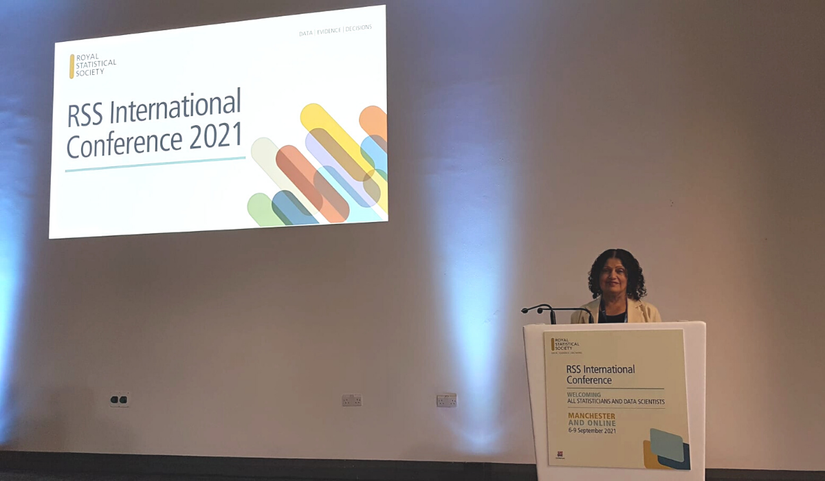 Meena speaking at the Royal Statistical Society annual international conference in 2021