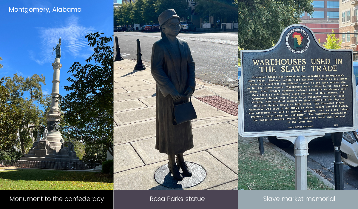 Monuments and plaque in Montgomery, Alabama