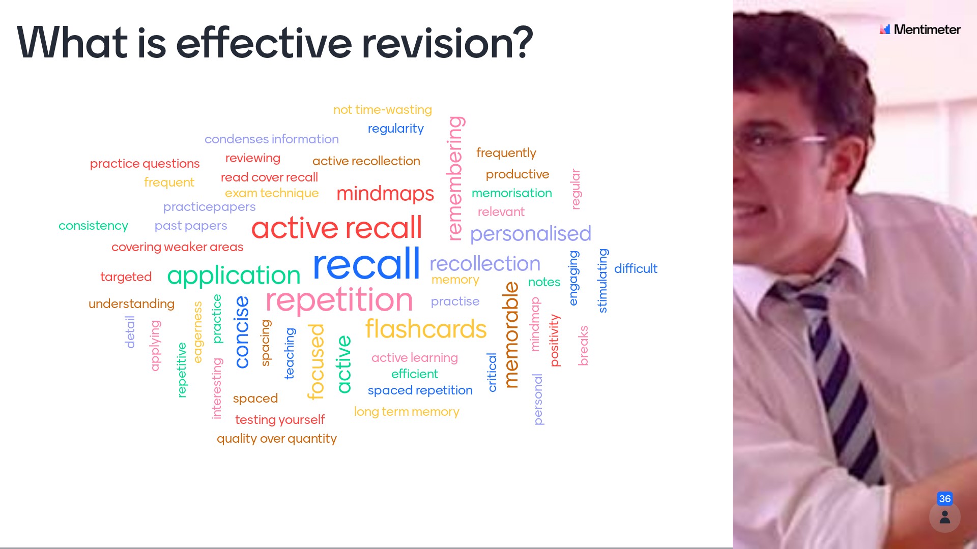 Mindmap of what is effective revision - words include recall, repetition, active recall, application, memorable, flashcards, remembering