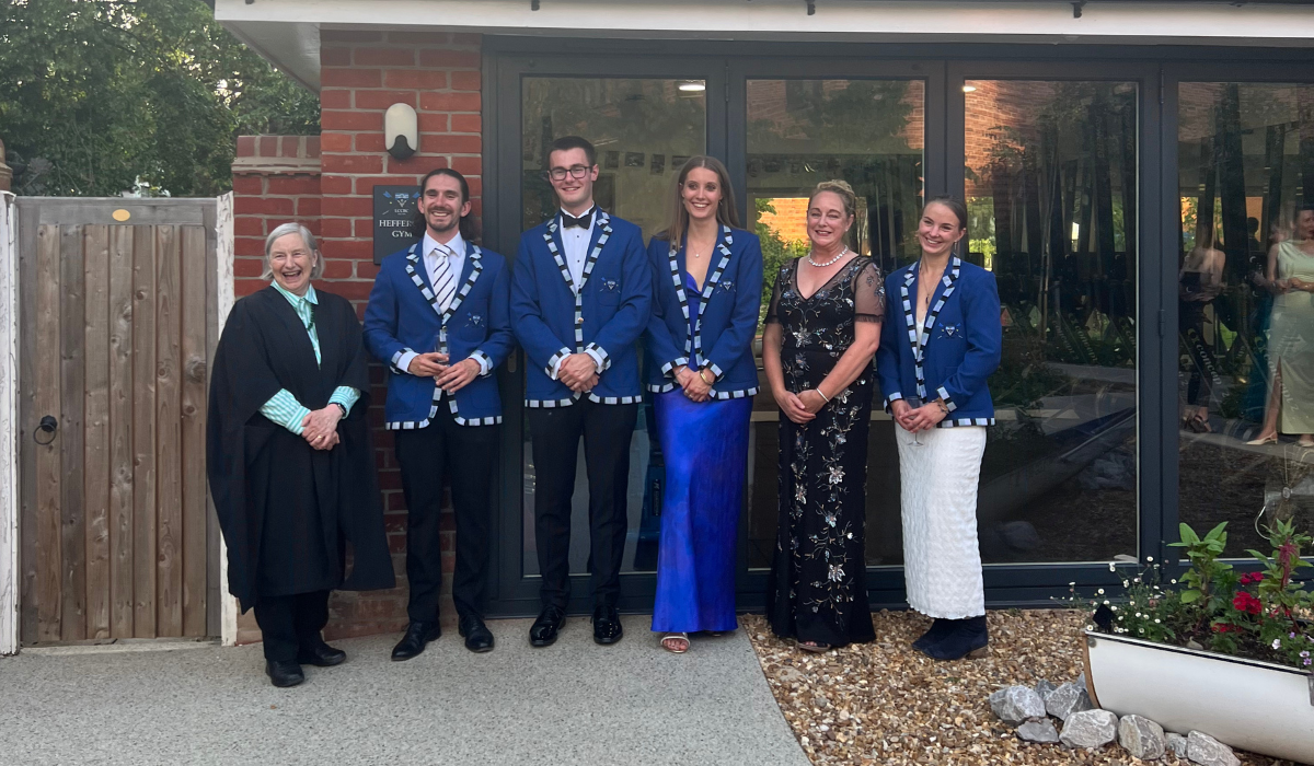 Samantha Scully (Alumna), Sofia Braviner Roman (incoming Boat Club president), Joshua Ripley (outgoing president), Madeleine Frost (who organised the ceremony), Chris Launchbury (gym founder), and Madeleine Atkins. 