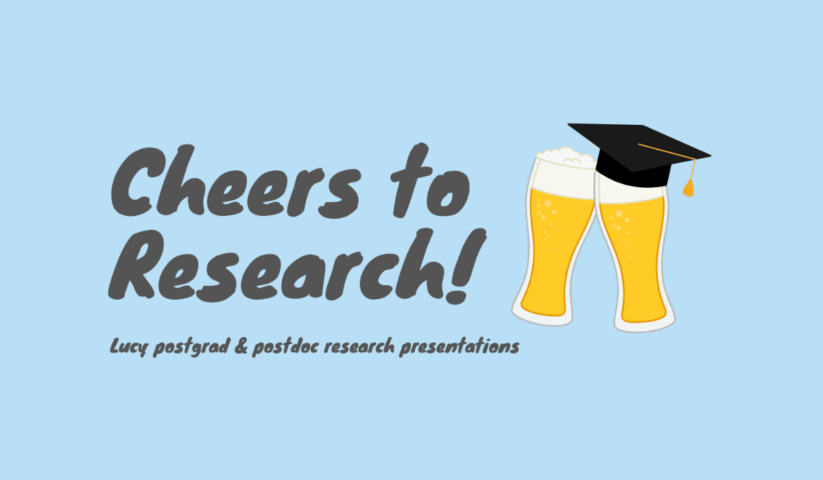 'Cheers to research' text on light blue backgrounf with two pints of beer and graduation hat
