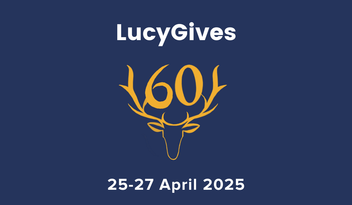 Gold logo made of a stylised stag head and 60, on blue background. White text reads: LucyGives, 25-27 April
