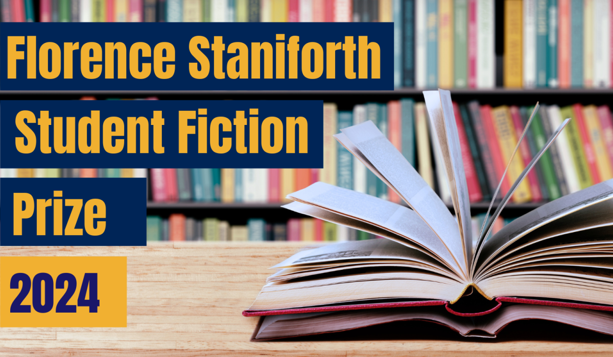 Library shelves and books in the background with text reading: Florence Stanifoth Student Fiction Prize 2024