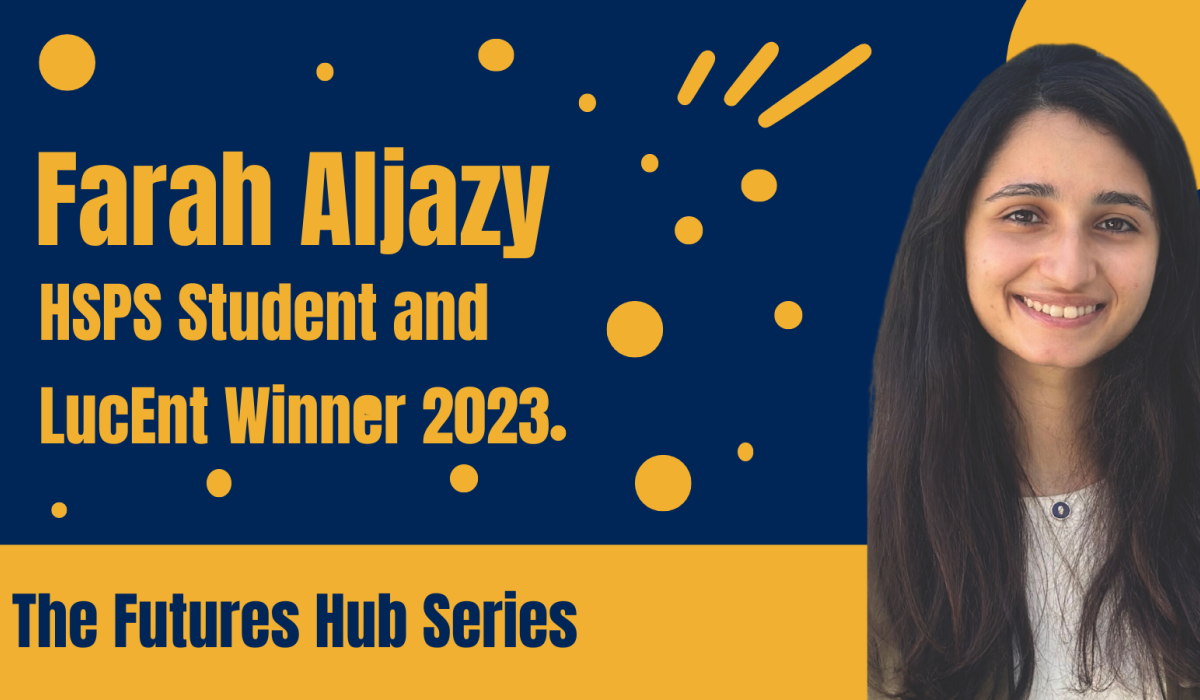 Farah Aljazy cut-out profile image, on blue backround with yellow writing (reading her name) and dots
