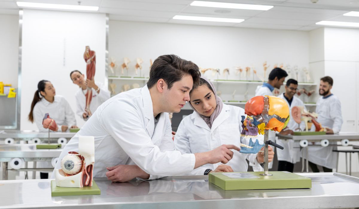 Students in lab waering lab coats and looking at human skeleton model