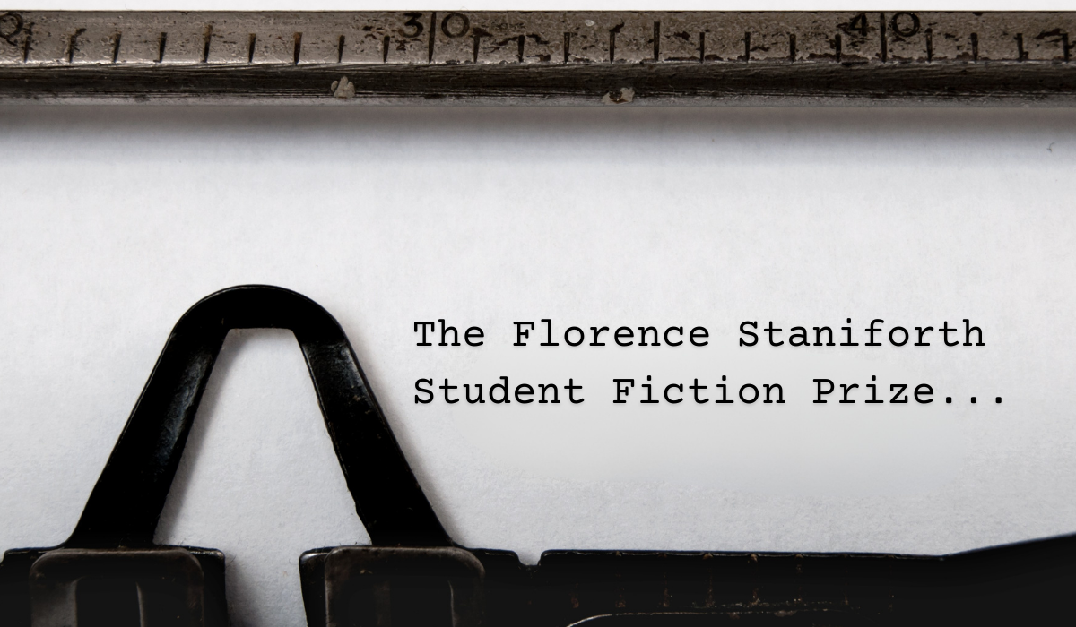 paper on typewriter with text reading 'Florence Staniforth Student Fiction Prize'