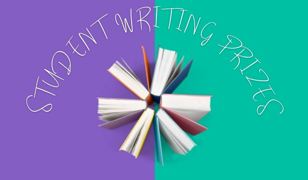Books in a circle on purple and green background with text reading: Student Writing Prizes
