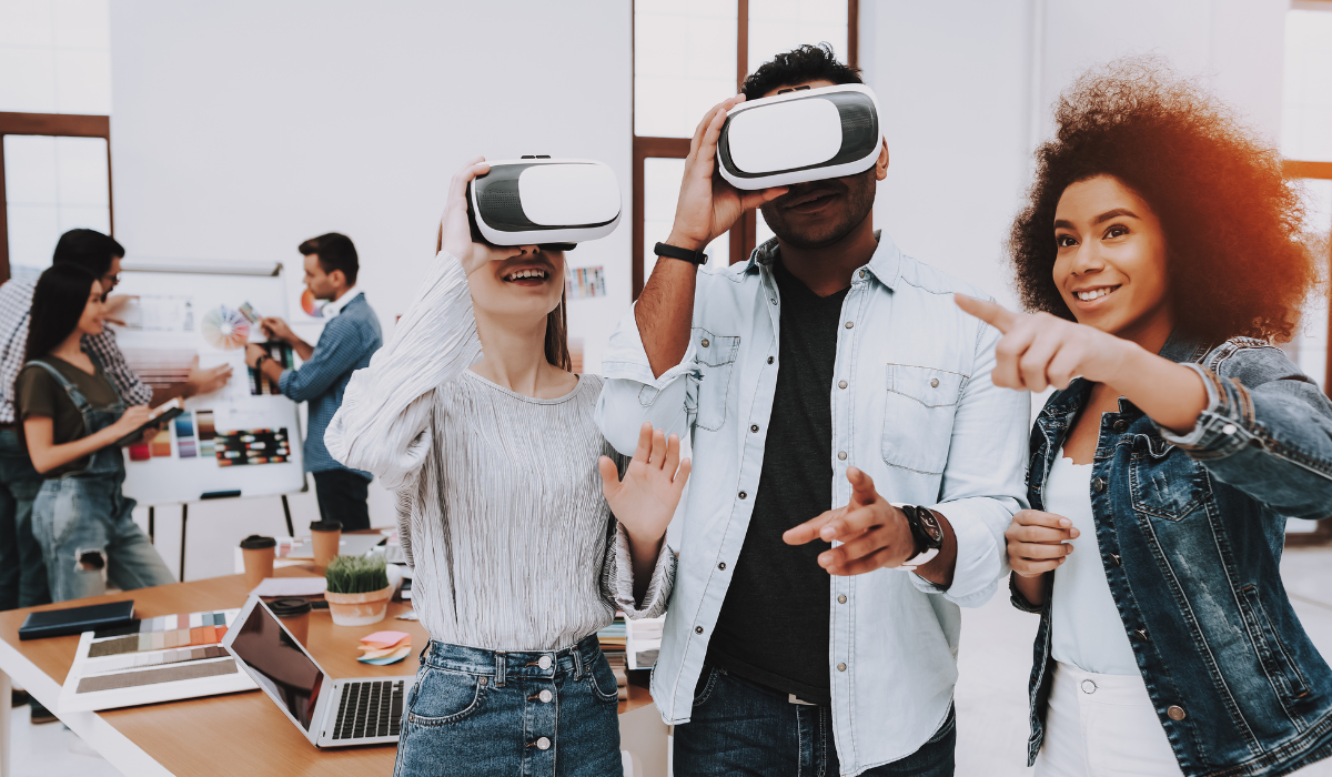 Group of students wearing VR headsets in a classroom