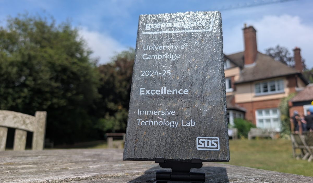 Plaque that reads: green impact University of Cambridge 2024–25 Excellence Immersive Technology Lab