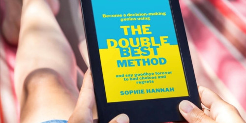 Person holding a tablet with blue and yellow book cover; Book title is 'The double best method'