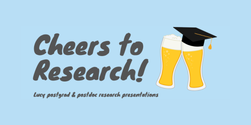 'Cheers to research' text on light blue backgrounf with two pints of beer and graduation hat