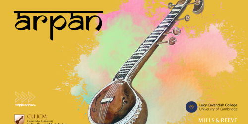 Graphic with yellow background and indian musical instrument