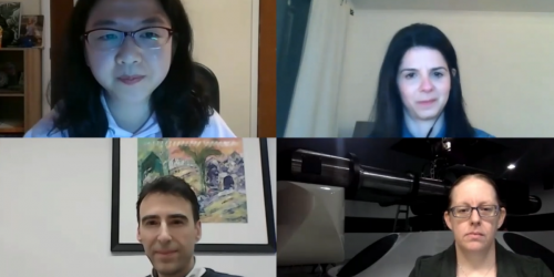 Split screen image of four people on an online conference call