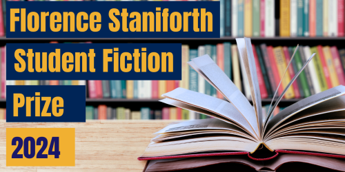 Library shelves and books in the background with rxt reading: Florence Stanifoth Student Fiction Prize 2024