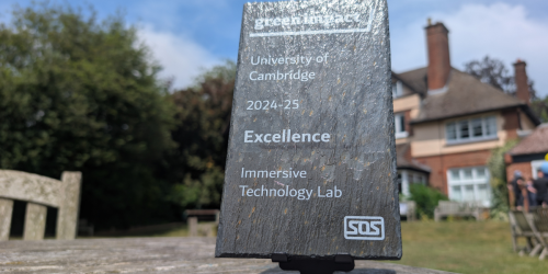 Plaque that reads: green impact University of Cambridge 2024–25 Excellence Immersive Technology Lab