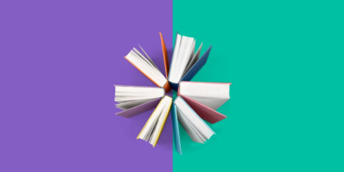 Circle of books on purple and green split background